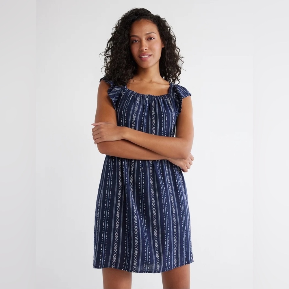 Time and Tru women’s Square Neck Mini Dress Dark Navy Stripe Size